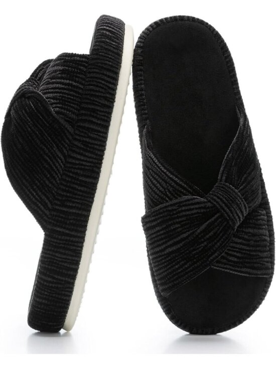 Shoes - Women's Black Memory Foam House Corduroy Bow Crossbands Comfy Slipper Shoes